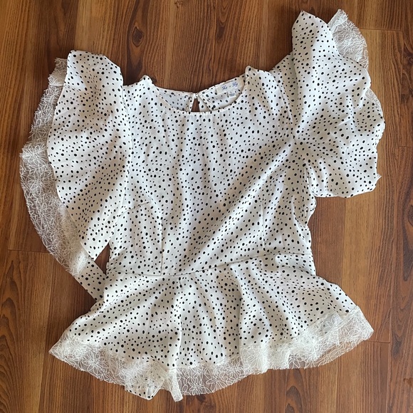 She & Sky White Black Polka Dot Open Back Peplum Top with Lace Detail - Picture 2 of 6